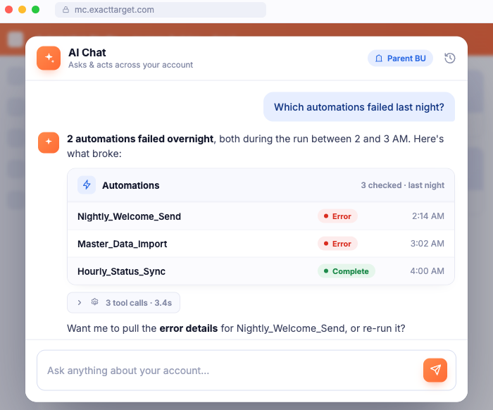 AI Chat diagnosing overnight automation failures