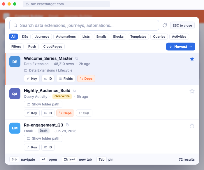 Command palette searching data extensions, journeys, and automations